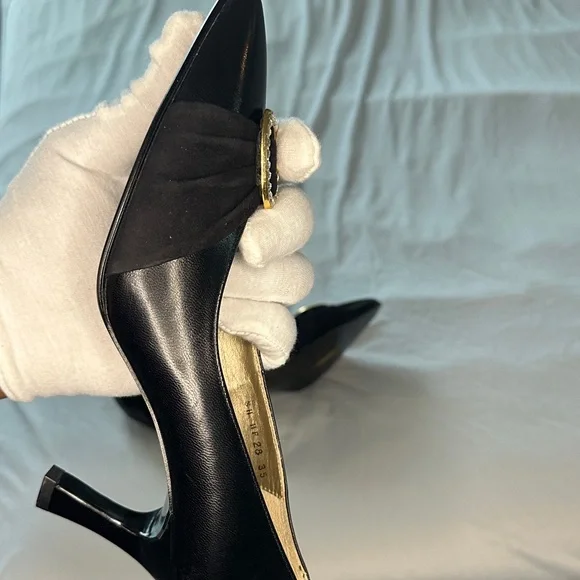 VINTAGE Yves Saint Laurent Black Leather Pumps w/ Rhinestone Buckle Size 35 - Picture 3 of 6